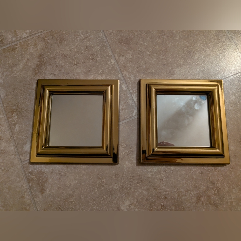 Vintage Burnwood Accent Mirrors Gold Tone, MCM Retro- Square 5x5 , Set of 2